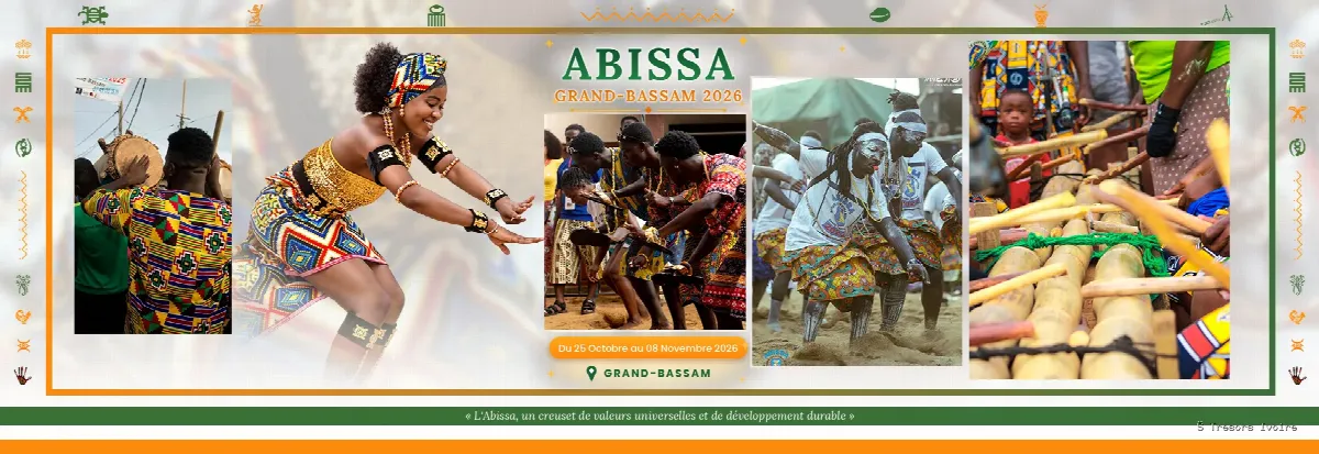 l'affiche officielle peut servir de visuel. Texte alternatif : « Affiche officielle de l'Abissa 2026 à Grand-Bassam, du 25 octobre au 8 novembre ».